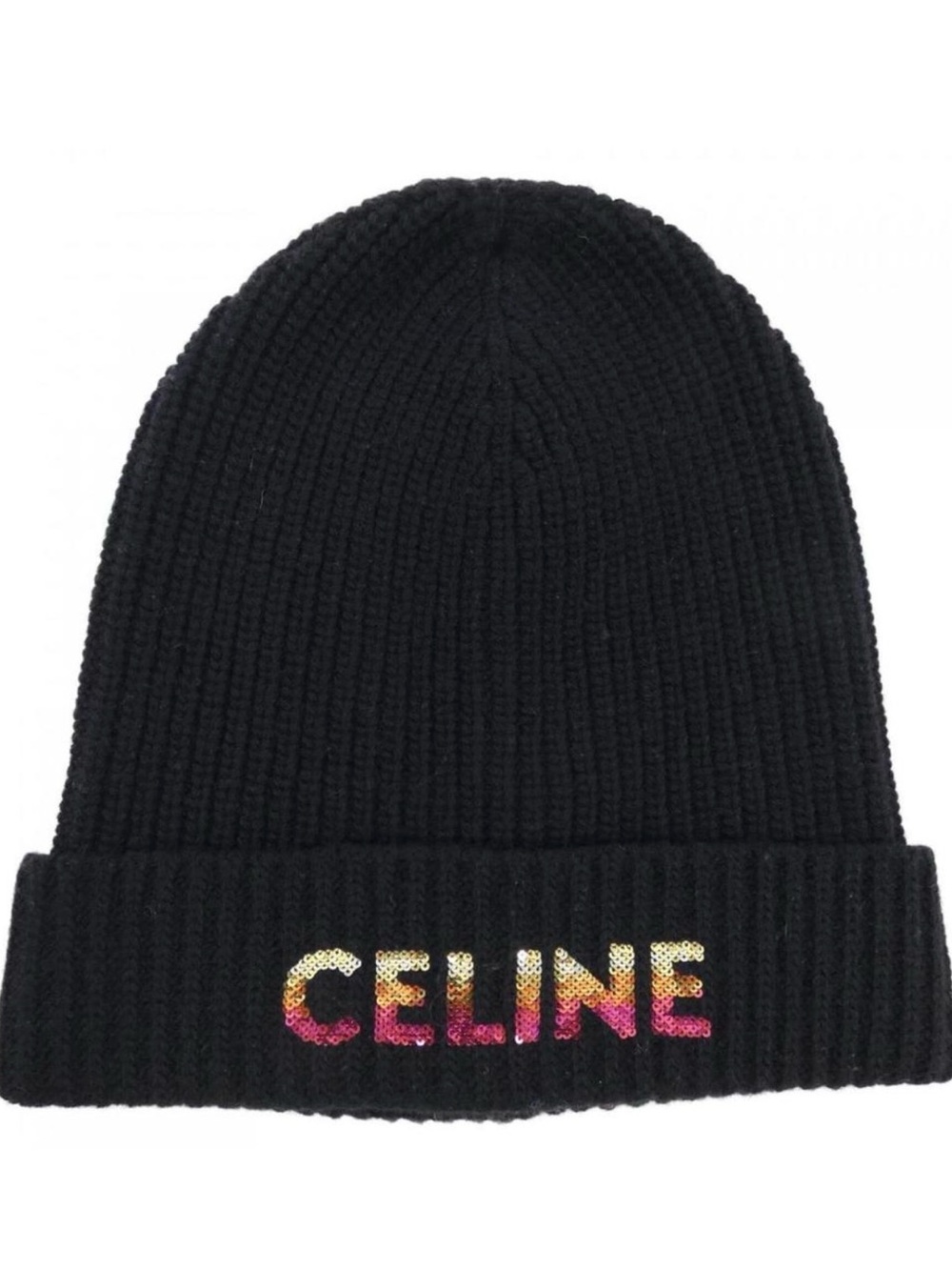 Celine Black Ribbed Beanie with Multicolor Sequin Logo